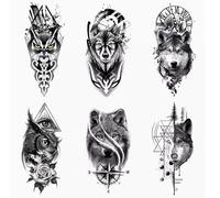 ARYU 6 PièCes Autocollant De Tatouage Hibou ImperméAble MâLe Style EuropéEn Et AméRicain Ligne TêTe De Loup Motif Animal Fleur Bras Simulation Grand Motif Autocollant