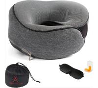 AS Adjidar Sincerely Oreiller de Voyage Premium - Coussin Cervical en Mousse Mémoire + Masque & Bouchons | Kit Confort Maximal pour Avion, Train & Bus - Compact & Réglable - Gris Graphite