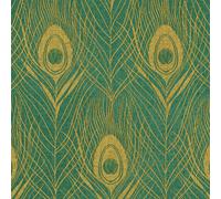 Papier Peint Métallique Plume De Paon Teal/Or 369714 Absolument Chic