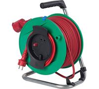 as - Schwabe enrouleur de câble 25 m H05RR-F 3G1,5 rouge, IP44 extérieur, 1 prise avec terre, câble de raccordement 1,5 m, protection thermique, Made in Germany