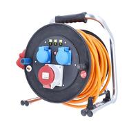 as - Schwabe enrouleur de câble CEE 40 m H07BQ-F 5G1,5 orange, IP54 extérieur, 2 prises avec terre, 1 prise CEE 400 V 5 pôles, protection thermique, caoutchouc dur, très robuste, Made in Germany