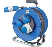 as - Schwabe Enrouleur de câble de camping 25m avec fiche CEE, avec nouvel indicateur de tension powerlight, 3 prises avec couvercles à charnière, pour l'extérieur avec IP44, Bleu | 10176