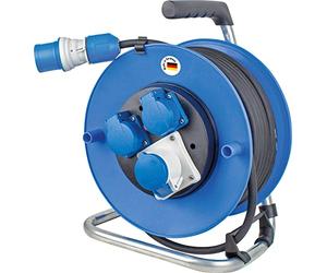 as - Schwabe Enrouleur de câble de camping 25m avec fiche CEE, avec nouvel indicateur de tension powerlight, 3 prises avec couvercles à charnière, pour l'extérieur avec IP44, Bleu | 10176