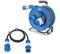 as - Schwabe Kit de camping - Enrouleur de câble de camping de 25 m avec prise CEE et 2 prises de terre - Rallonge CEE de 1,5 m - Avec indicateur de tension - Enrouleur de câble d'extérieur - Fabriqué