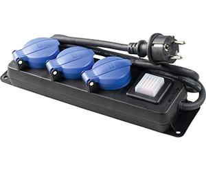 as - Schwabe Multiprise 3 Prises avec Interrupteur, Prises de Contact de Protection avec couvercles à Rabat, câble de 1,5 m, multiprise pour l'extérieur 230 V, 16 A, IP44, Noir, Bleu 38630