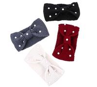 ASAKKURA Bandeaux Laine Tricotée Nœud Plat et Perles, 4 Pièces Élastiques, Cache-Oreilles Confortables pour Femmes, Accessoires Hiver pour Temps Froid