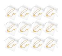 ASAKKURA Lot de 12 Sets de Sets de Mini Bracelets Chapelet Croix Catholique en Perles Blanches et Faux Or 7x9 Cm, Bracelets de Prière pour Femmes, Présent de Baptême, Communion et Mariage,