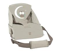 Asalvo Booster Cuscus Chaise haute de voyage pliable pour bébé jusqu'à 15 kg, harnais de sécurité, poche, dossier 25 cm, hibou beige