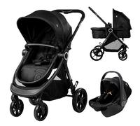 Asalvo HAPPY Trio Combiné Bébé 3 en 1, Landau, Siège Auto Groupe 0+ et Poussette, Léger et Compact, Dossier Inclinable, Capote Réglable, Pliage Facile, Noir