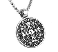 AsAlways Collier de Saint Benoît pour homme et femme, acier inoxydable, rétro, catholique, croix, romain, exorcisme, médaille ronde, collier avec pendentif talisman, bijoux cadeau, acier inoxydable,