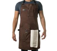 Asaya Tablier de chef, barbecue et travail avec décapsuleur et serviette à main - Toile de coton durable de 283,5 g, matériel en laiton et sangles croisées dans le dos - Pour homme, femme, grillades