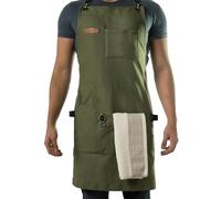 Asaya Tablier de chef, barbecue et travail avec décapsuleur et serviette à main - Toile de coton durable de 283,5 g, quincaillerie en laiton et bretelles croisées dans le dos - Pour homme, femme,