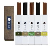 Asayu Japan Assortiment de Bâtonnets d'Encens Japonais Naturels, Ensemble de 5 Parfums Naturels, Santal, Bois d'Agard, Cyprès, Sauge Blanche, Oliban, Fabriqué au Japon sans Bambou, Cadeau Premium