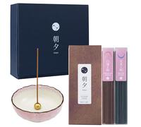Asayu Japan Coffret cadeau d'encens à faible fumée avec porte-encens et support en laiton, ensemble de mélanges de fleurs de cerisier Sakura de qualité supérieure avec porte-encens lotus rose pastel