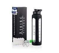 Asbirg Shaker Protéines en Verre Trempé - 1000ml Gourde avec Boule Mélangeuse | Étanche, Sans BPA & Résistant | Noir