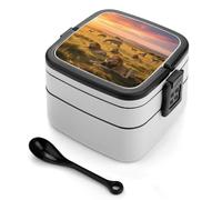 asbwuo Boîte à bento double couche pour adultes avec cuillère et poignée Motif animaux des prairies au crépuscule Boîte à bento étanche et empilable pour le travail, les pique-niques et les voyages
