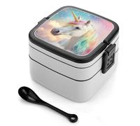 asbwuo Boîte à bento empilable Rainbow Stars Horse pour adultes, boîte à lunch double couche avec cuillère et poignée invisible
