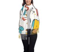asbwuo Bufanda cálida de cachemira con plumas coloridas dibujadas a mano sobre fondo blanco para invierno. Chal largo tipo pashmina con borlas para mujer.