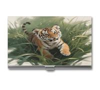 asbwuo Étui Porte-Cartes de Visite de Poche en métal Fin, Motif Tigre et Herbe enchantée, pour Femmes et Hommes.