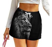 asbwuo Gros Plan d'un Short pour Femme à tête de Lion, décontracté, Taille Haute, élastique, avec Cordon de Serrage et Poche