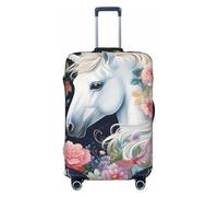asbwuo Housse de Valise à Motif Floral Rose et Cheval Blanc, Protection de Voyage, Housse élastique imprimée Recto Verso (pour valises de 56 à 61 cm)