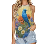 asbwuo Magnifique débardeur d'été sans Manches à col Rond pour Femme, orné d'un Oiseau Bleu, de Fleurs et de blé