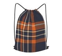 asbwuo Navy Blue And Orange Plaid Outdoor Leisure Drawstring Backpack, Lightweight Waterproof Sports Bag For Men & Women - Gym, Yoga, Travel