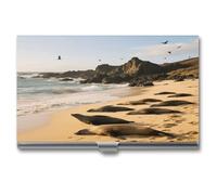 asbwuo Porte-Cartes de Visite pour Hommes et Femmes, Motif Otaries et plages, étui de Poche en métal, Portefeuille pour Cartes de Visite, Fermeture à Boucle, Aluminium