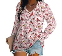 asbwuo T-Shirts à Manches Longues Cardinal Cherryflowers, Coupe Ample, col en V, Sweat-Shirts décontractés pour Femmes