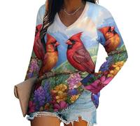 asbwuo T-Shirts à Manches Longues Cardinal sur Branche, Coupe Ample, col en V, Sweat-Shirts décontractés pour Femmes