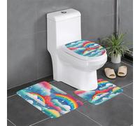 asbwuo Tapis de Sol antidérapant 3 pièces, imprimé Nuages Arc-en-Ciel et Gouttes de Pluie, Tapis de Sol de Toilette en Forme de U, Bien attaché, Absorbant et Durable, épais et Confortable.