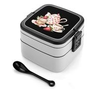 asbwuo Théière, tasse, cupcake, fraise, boîte à bento empilable pour adultes, boîtes à lunch à double couche avec cuillère et poignée invisible