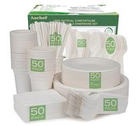 Aschef 400Pcs Assiettes jetable Pas Cher Blanche en Bagasse Bio Vaisselle Tasse Paille Serviette + Fourchette Couteau Cuillère Réutilisable pour Fête de Mariage Soirée Party Camping 50 Invités