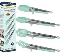 Aschef 4Pcs Pince Cuisine Silicone Pince Alimentaire Inox Professionnel avec Verrouillage et Support pour Steak Barbecue Spaghetti Salade Pain Pâtisserie Buffet sans BPA Résistante à la Chaleur