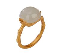 ASCHXUGX S925 Bague De Jade Ajustable En Argent Sterling Et Plaqué Or Avec Bambou, Bague De Pierres Précieuses À La Mode Pour Femmes,D'or,6