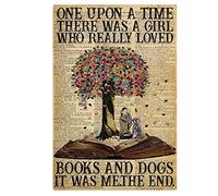 Ascigo Décoration murale en métal pour chien Inscription Girl Loves Dog Signs Love Book Sign Once Upon a Time There was a Girl Who Really Loved Dogs and Books Plaque vintage en étain pour bureau 20,3