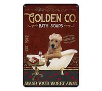Ascigo Plaque en métal décorative vintage Golden Retriever Bath Soap Wash Your Worries Away - Plaque en métal vintage - Décoration d'intérieur rustique - Affiche murale en métal pour garage, bar