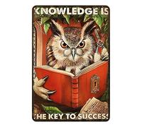 Ascigo Plaque murale amusante en métal « Knowledge is The Key to Success » - Décoration inspirante pour bibliothèque, bar, café, librairie, chouette - Cadeau amusant pour chambre - 20,3 x 30,5 cm