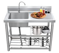 asdchZen Évier autoportant, évier en acier inoxydable, avec ensemble de filtre de vidange, avec étagère de rangement, avec robinet, avec établi, pour garage, restaurant, cuisine, buanderie, extérieur