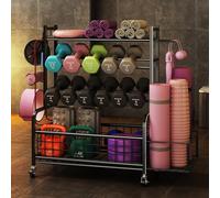 asdchZen Support De Rangement en Métal À roulettes pour Tapis De Yoga, Support pour Rouleau De Massage, Tapis De Pilates, Haltères Et Kettlebells, Présentoir pour Équipement De Fitness À Domicile