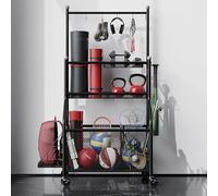 asdchZen Support De Rangement Multifonctionnel pour Tapis De Yoga, Rangement d'angle pour Équipements De Gym avec Crochets Et roulettes, Organisateur Autoportant pour Tapis/Rouleau De Massage