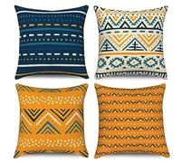 ASDCXZ Boho Housses de Coussin 50x50 cm, Lot de 4 Moderne Boho Géométrie Rayures Bleu Jaune Canapé Housses de Coussin Décoratives Lavable Lin Textile Taie d'oreiller