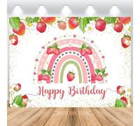 ASDCXZ Fond de Photo d'anniversaire Fille 2,2x1,5 m, Arc-en-Ciel aux Fraises Douces Joyeux Anniversaire Premier Anniversaire Fille Vinyle Photographie Fond Fille fête d'anniversaire