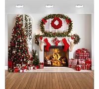 ASDCXZ Fond de Photo de Noël 2.2x1.5 m, Arbre et Cheminée, Mur Vinyle Tissu pour Dîner, Décorations de Fête de Famille, Photographie et Boîte à Photo