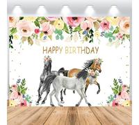 ASDCXZ Fond de Photo Joyeux Anniversaire 2,2x1,5 m, Trois Chevaux Pentium Fleurs colorées Feuilles 13e Anniversaire Vinyle Photographie Fond garçon Fille fête d'anniversaire