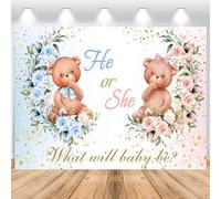 ASDCXZ Fond Photo révélateur de Sexe 2,2 x 1,5 m, Lui ou Elle Mignon Ours Brun Rose Fleurs Bleues Feuilles Paillettes Vinyle Fond de Photographie fête prénatale Anniversaire
