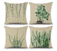 ASDCXZ Housse de Coussin Printemps 40x40 cm, Lot de 4 Feuilles d'eucalyptus Vert Cactus Aloe Beige canapé Housses de Coussin Lavable Lin Textile extérieur Taie d'oreiller