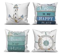 ASDCXZ Housses de Coussin Maritime 40x40 cm, Lot de 4 Ancre Maritime Boussole de mer Plage de Sable Blanc canapé Coussin Housses de Coussin Lavable Lin Textile Taie d'oreiller