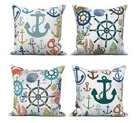 ASDCXZ Housses de Coussin Maritime 40x40 cm, Lot de 4 Ancre Maritime Boussole Nautique Coquille Blanc canapé Coussin Housses de Coussin Lavable Lin Textile Taie d'oreiller