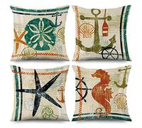 ASDCXZ Housses de Coussin Maritime 40x40 cm, Lot de 4 Housse de Coussin décorative pour canapé Ancre Maritime rétro étoile de mer Hippocampe Lavable en Lin Polyester Textile